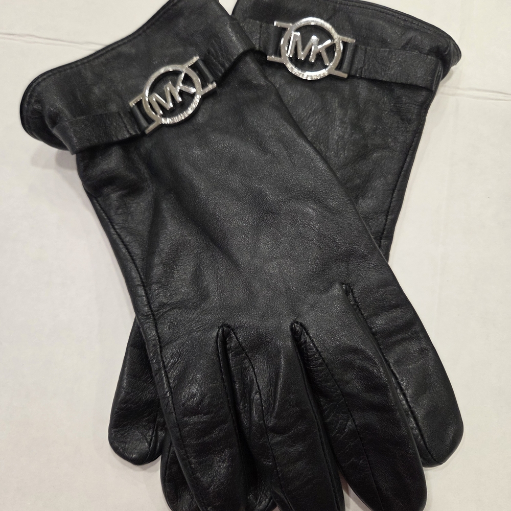 Michael Kors Black XL Leather Gloves with Silver Logo